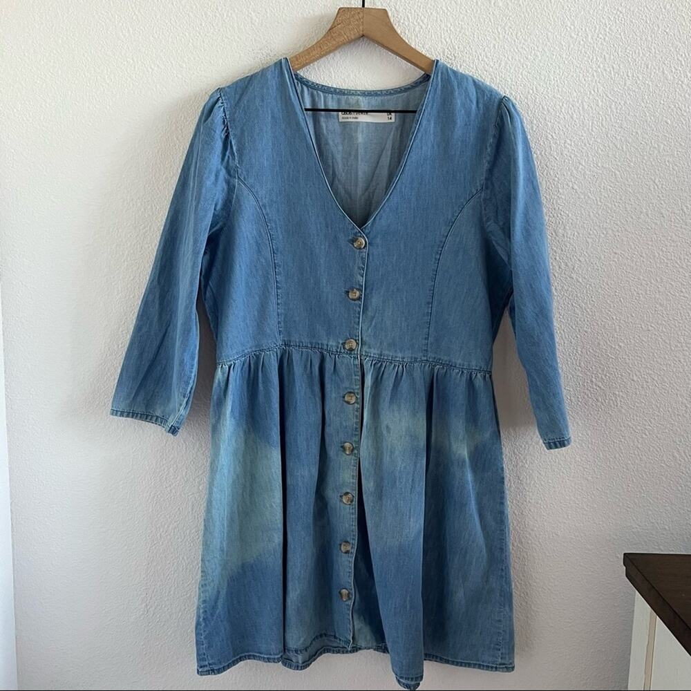 ASOS Denim Chambray V Neck Button Front Dress 3/4 Sleeve US 10